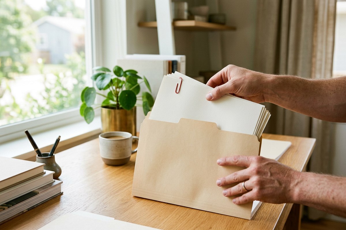 Hands placing paper documents into a folder, representing document preparation for certified translation