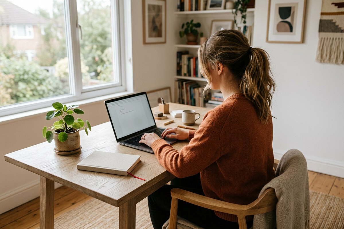 A person working at a laptop in a bright home office, representing an online certified translation request