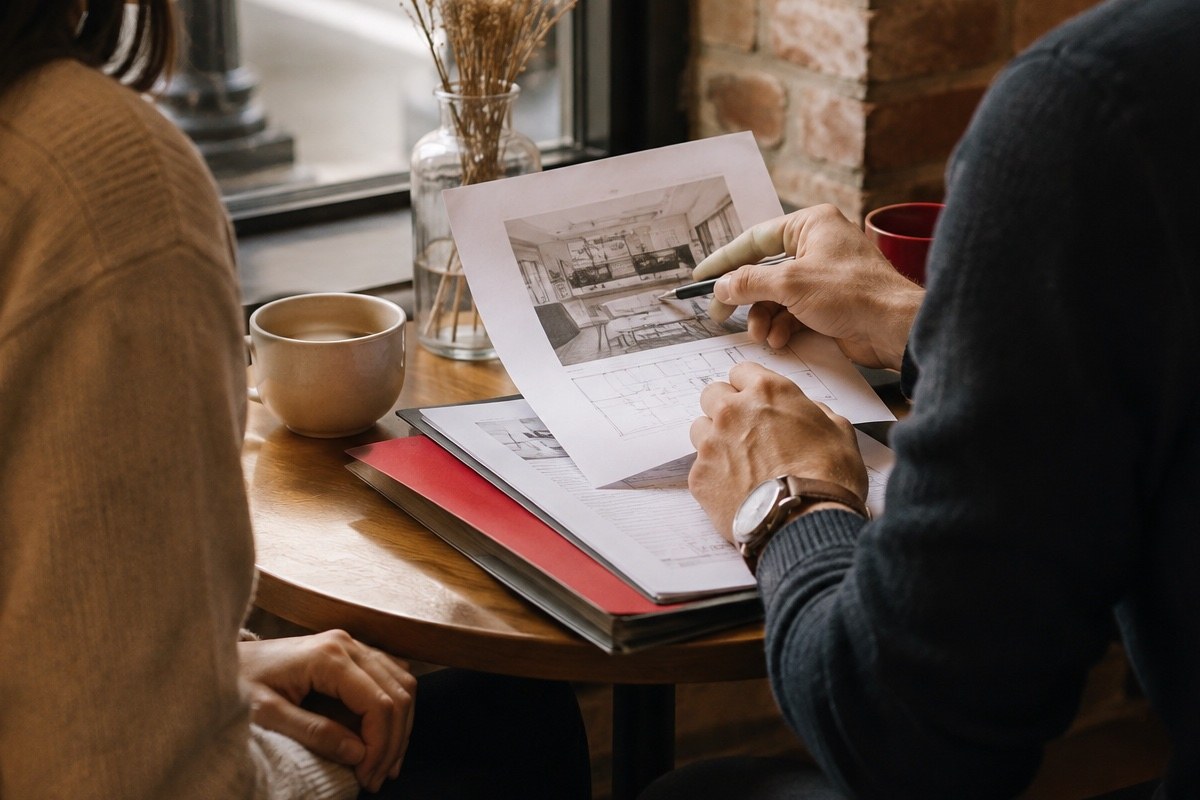 Two people at a cafe table reviewing printed documents together, one pointing at a page