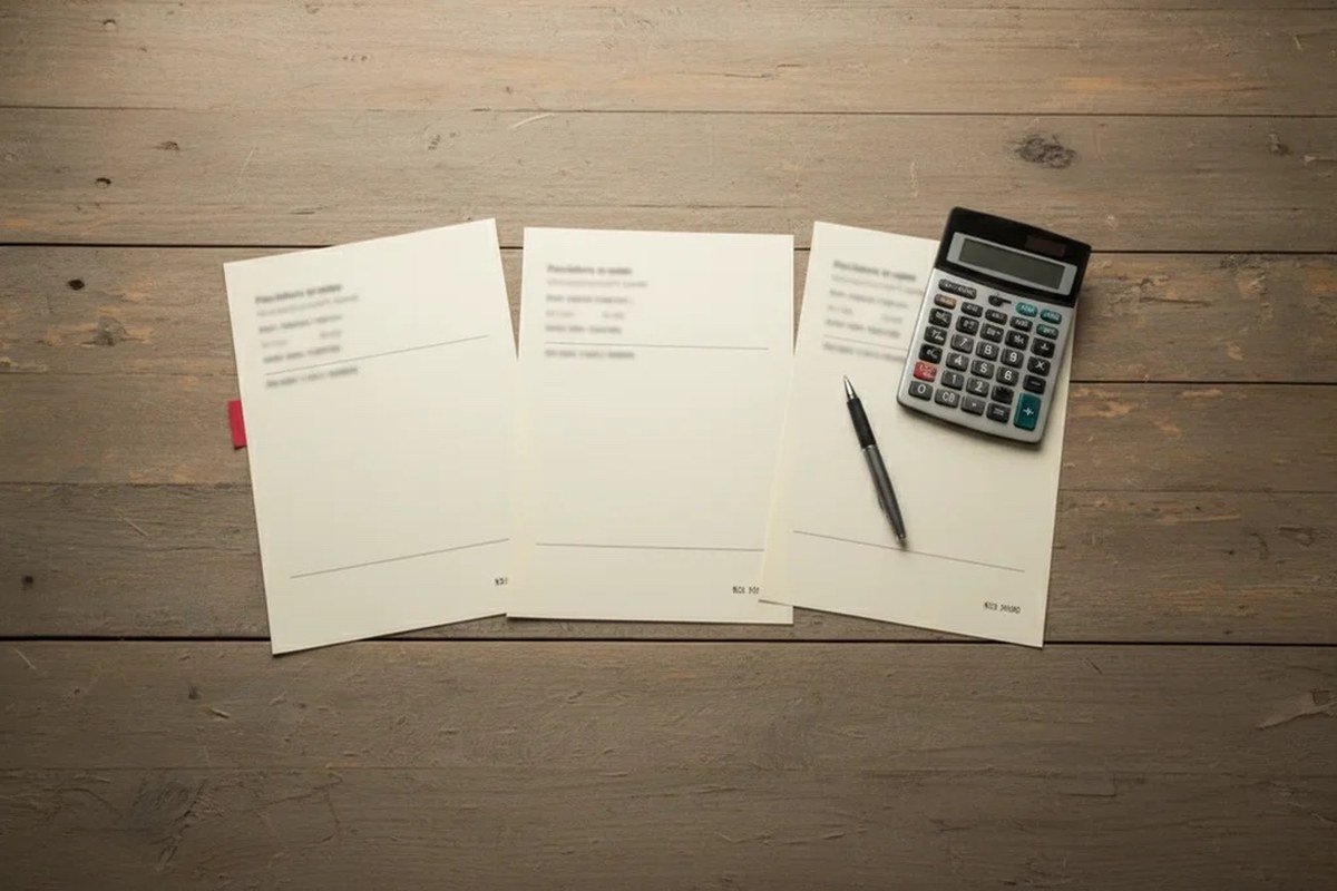 Three printed price quotes laid side by side on a wooden desk next to a calculator and a pen