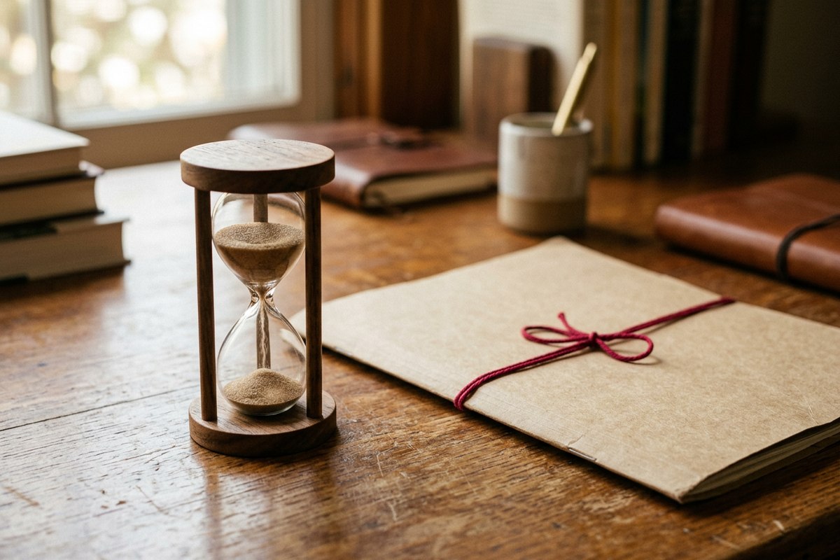 A small hourglass beside a folder tied with red string, representing the wait involved in certified translation turnaround