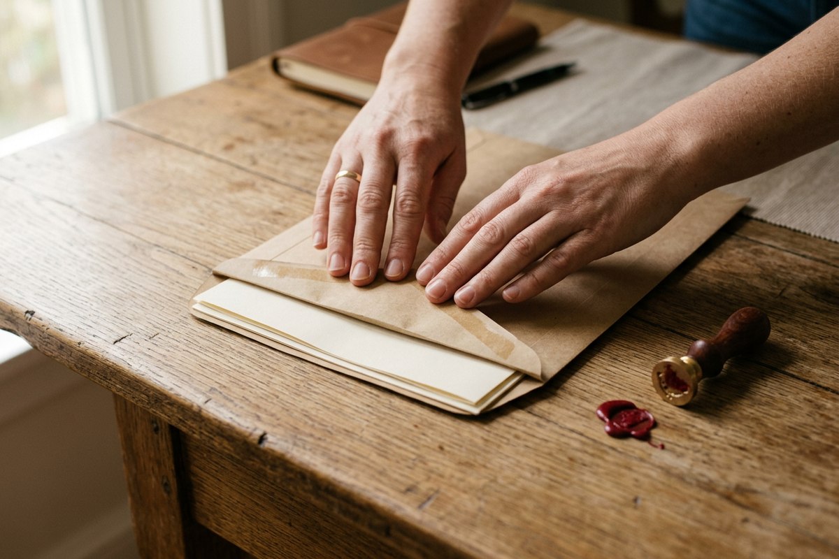 Hands sealing an envelope of documents, representing a completed and ready-to-send certified translation