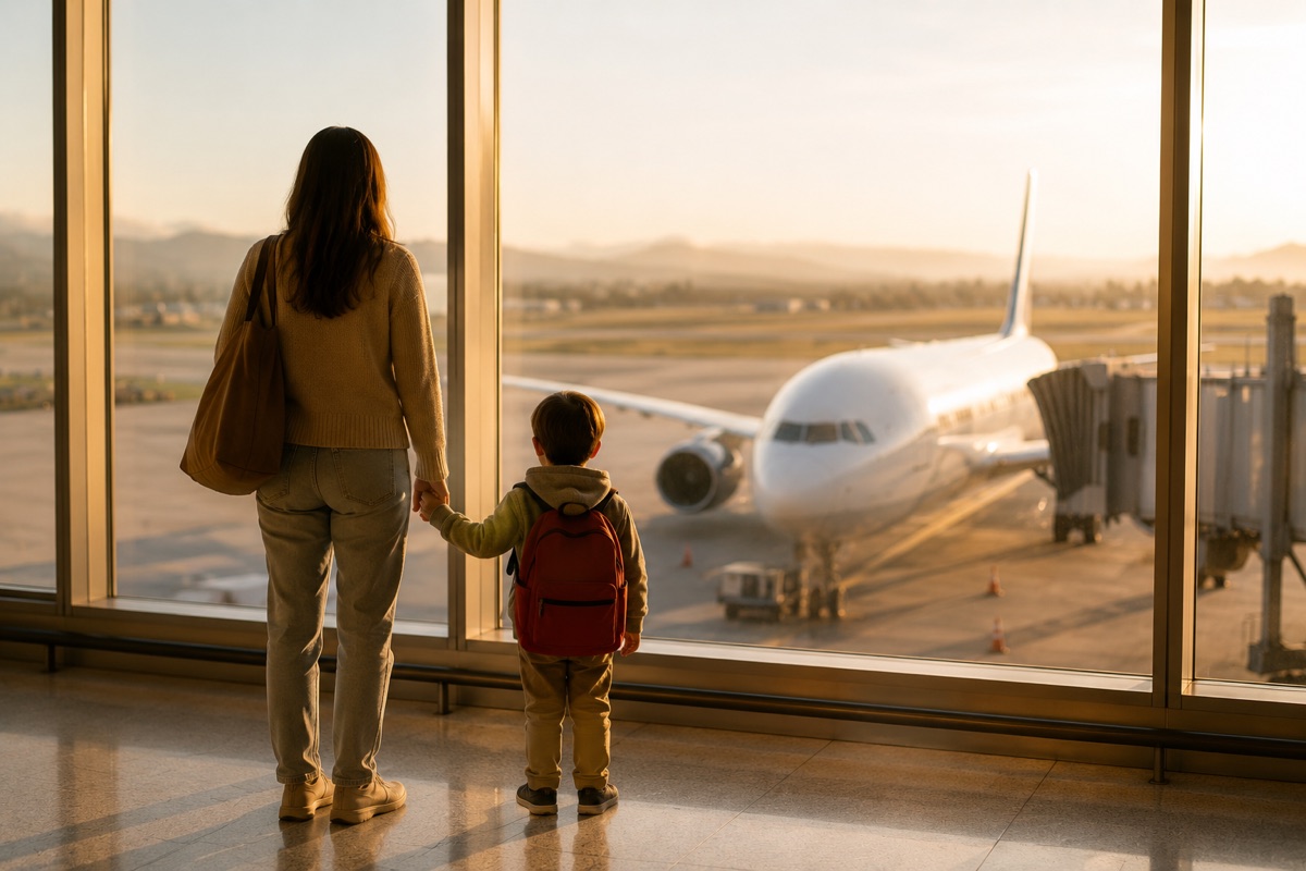 A parent and child holding hands at an airport window, watching an airplane on the tarmac