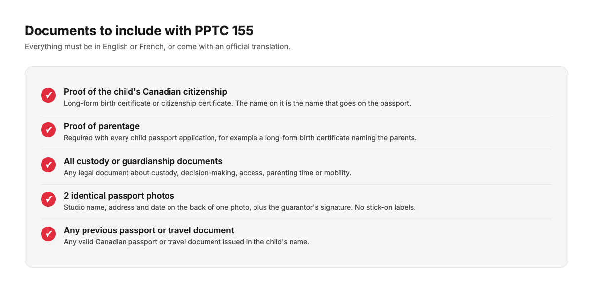 Document checklist for PPTC 155: proof of Canadian citizenship, proof of parentage, custody documents, two identical passport photos, and any previous passport