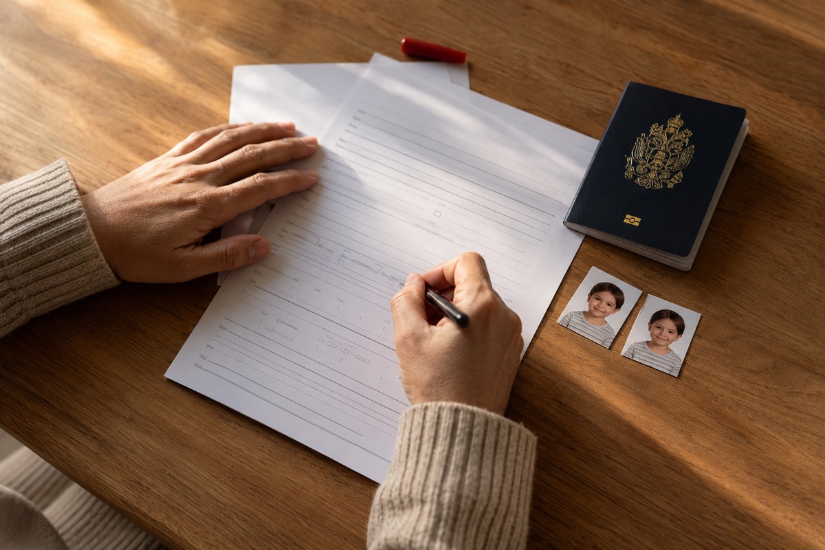 An adult filling out a paper application form at a wooden table, with a Canadian passport and two small passport photos of a child beside it