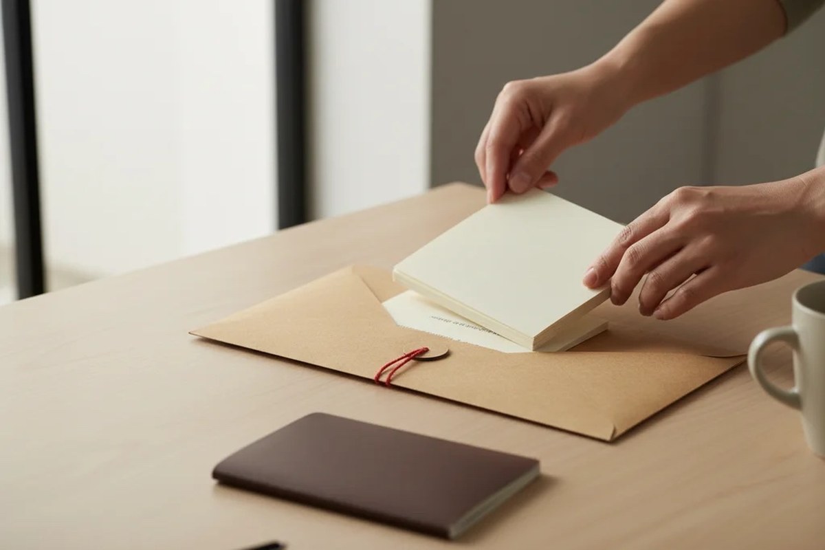 Hands placing a small stack of printed documents into a kraft paper envelope tied with red string on a tidy desk