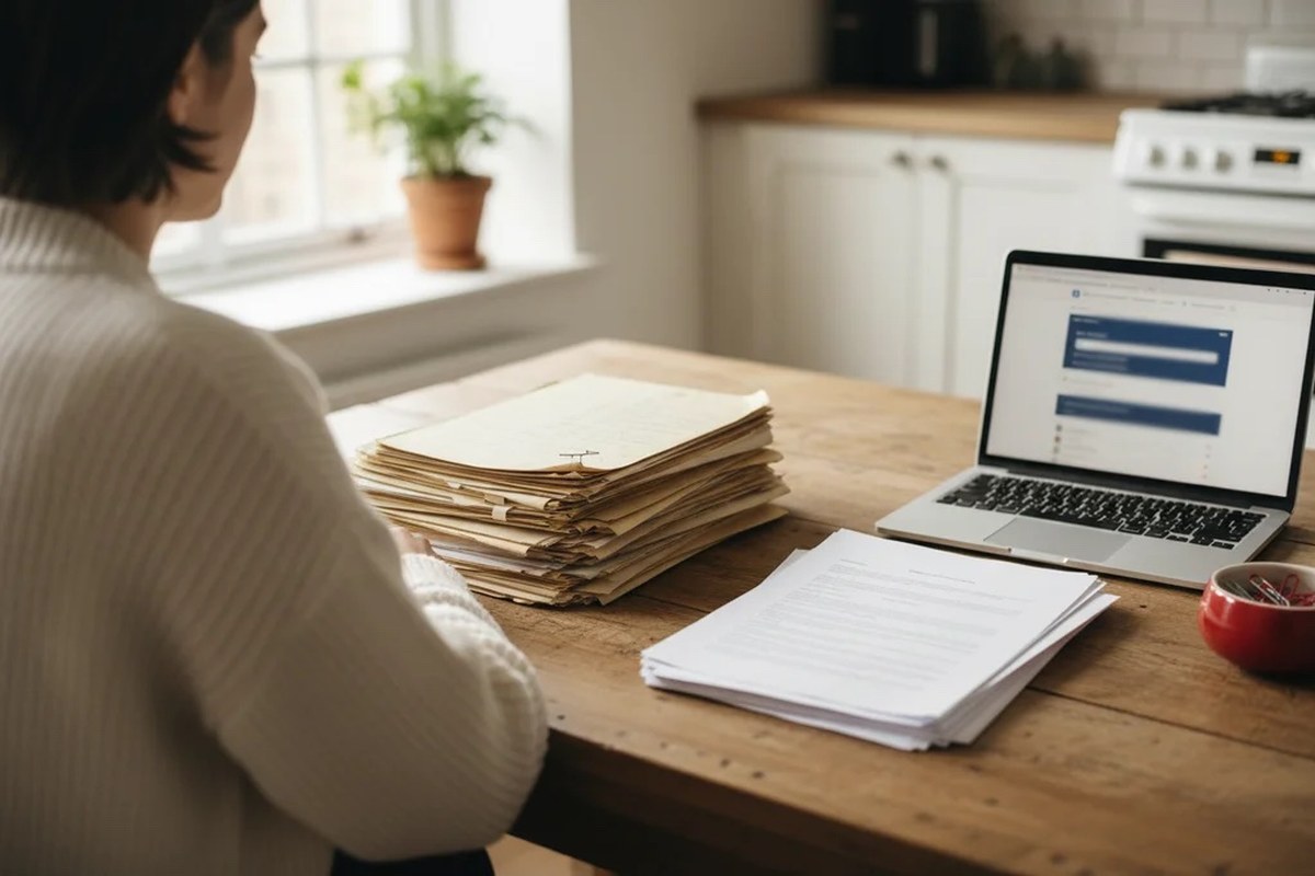 Person seen from behind sorting older family documents and freshly printed translations into two piles on a kitchen table beside a laptop